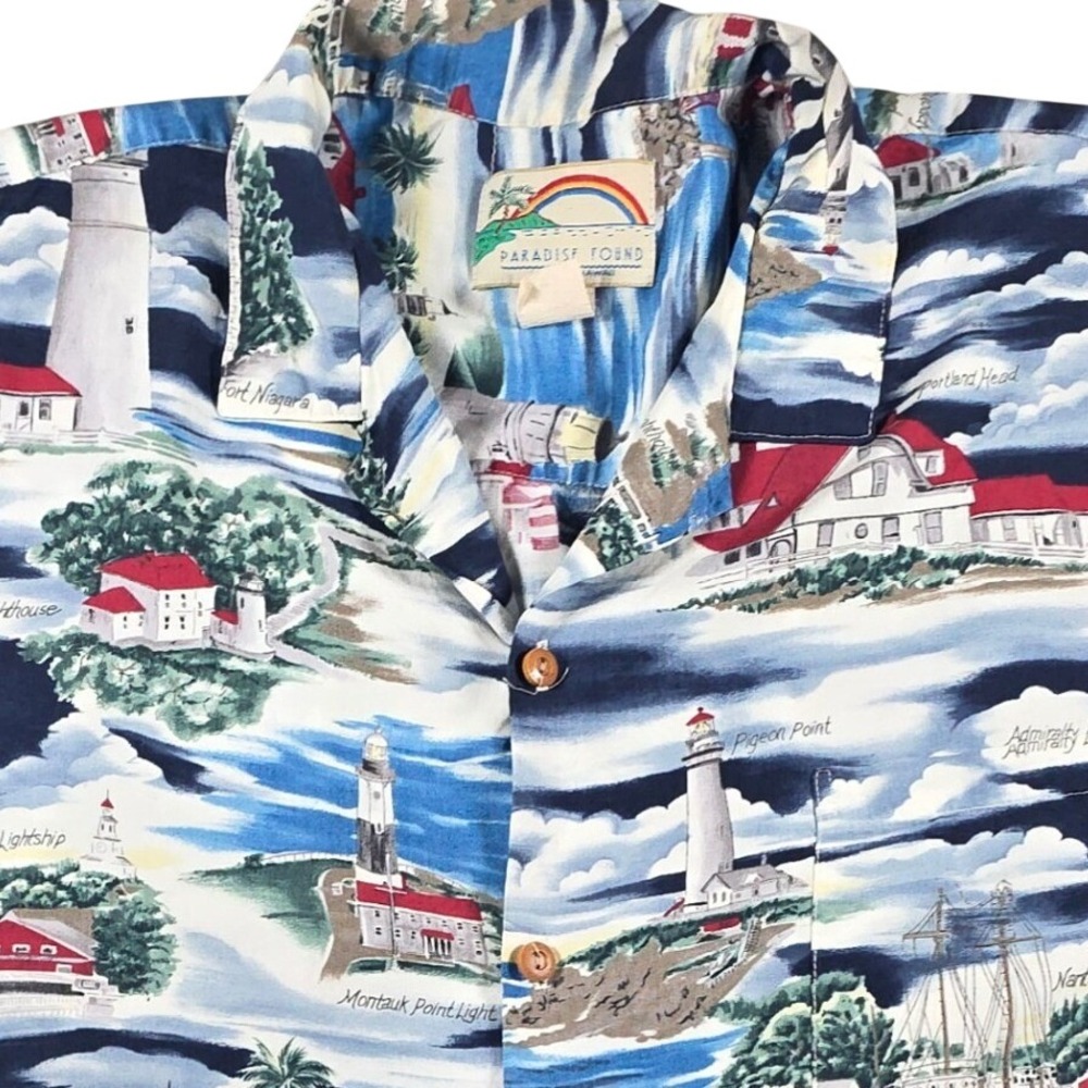 Paradise Found Hawaiian Aloha Shirt Men's 2XL Blue Rayon Lighthouse Scenic Print